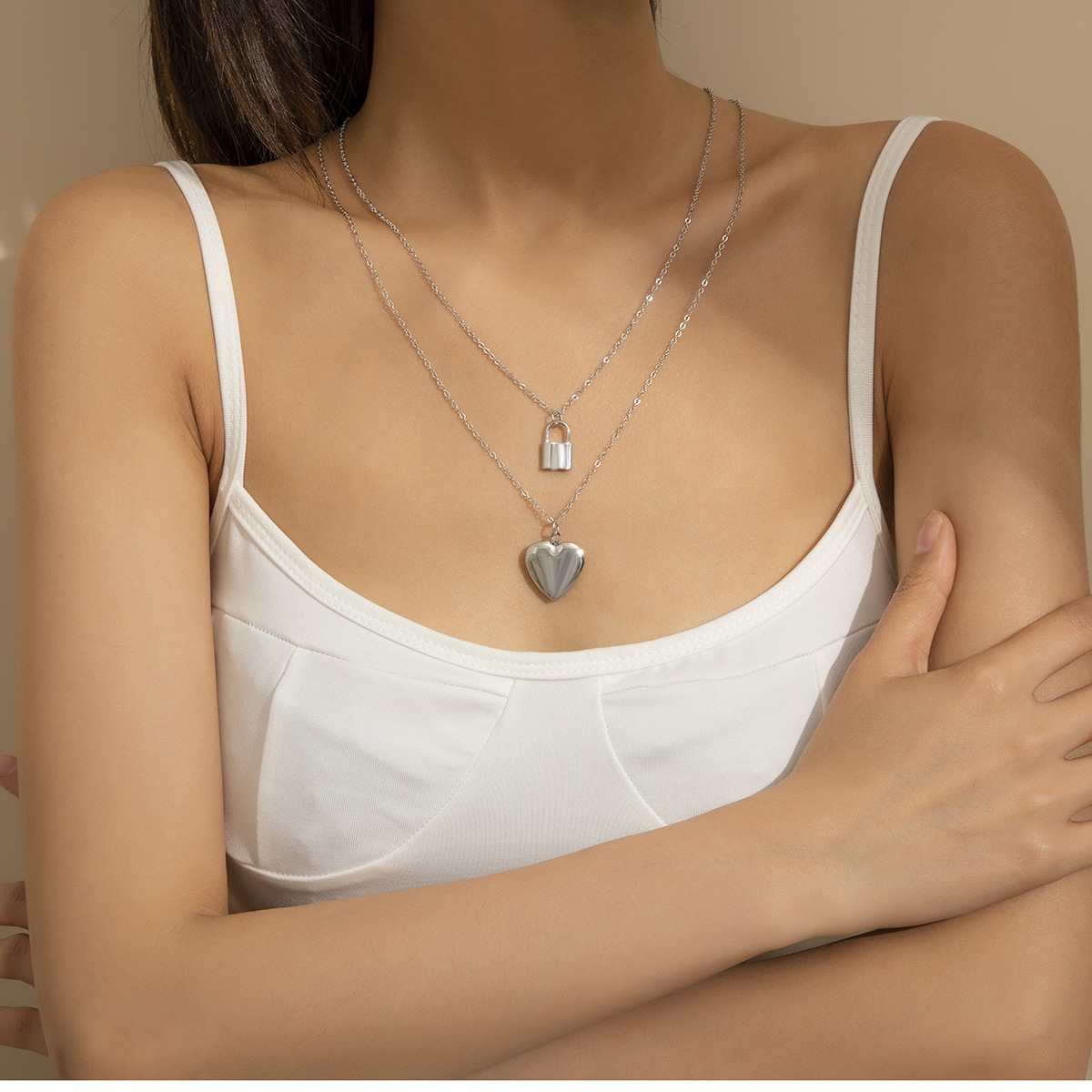 0944 Layered Necklace Heart Bean Disc Long Chain Lock Pendant Choker for Women Adjustable