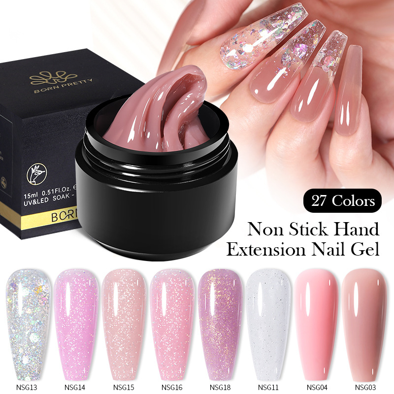56021 BORN PRETTY 15ML Non Stick Hand Solid Extension Nail Gel Clear Nude Pink Extension Gel Rhinestone Glue Gel Easy to Operate