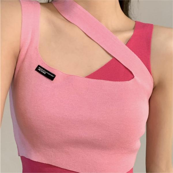 H013 Women's Summer Pink Patchwork Camisole Short Irregular Top