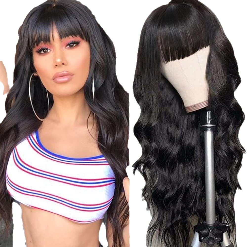 Women Long Big Wave Curly Synthetic Wig With Flat Bangs, Natural Looking Full Head Wig, Heat Resistant Fiber Hair Wigs For Daily Party Cosplay