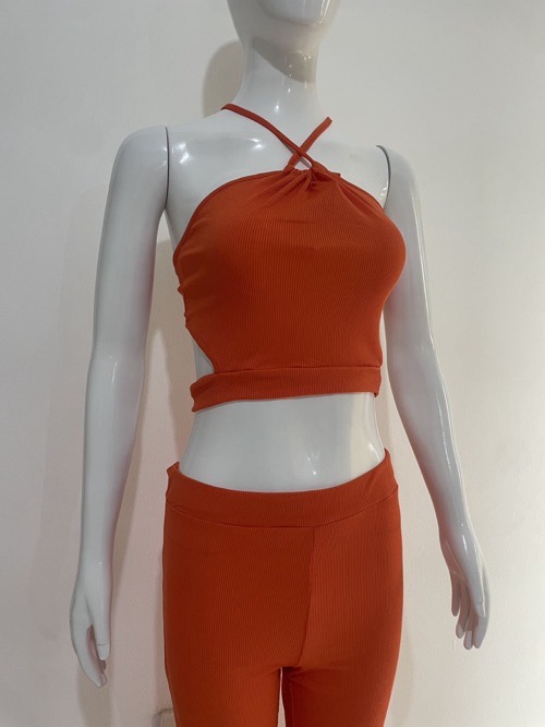 Suspenders pleated slim fit two-piece set Spice girl pleated suspenders, slacks set solid color knitted split top + bootcut slim turned-up trousers