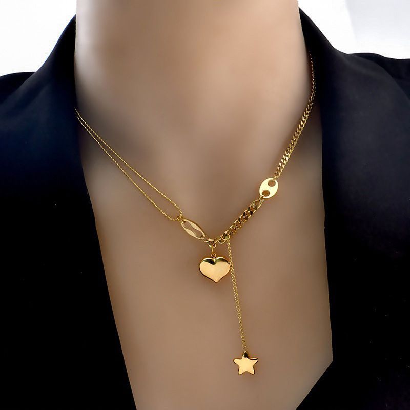 Three dimensional peach heart titanium steel necklace, five pointed star tassel chain CRRSHOP new fashion lovers necklace free shipping Holiday gifts
