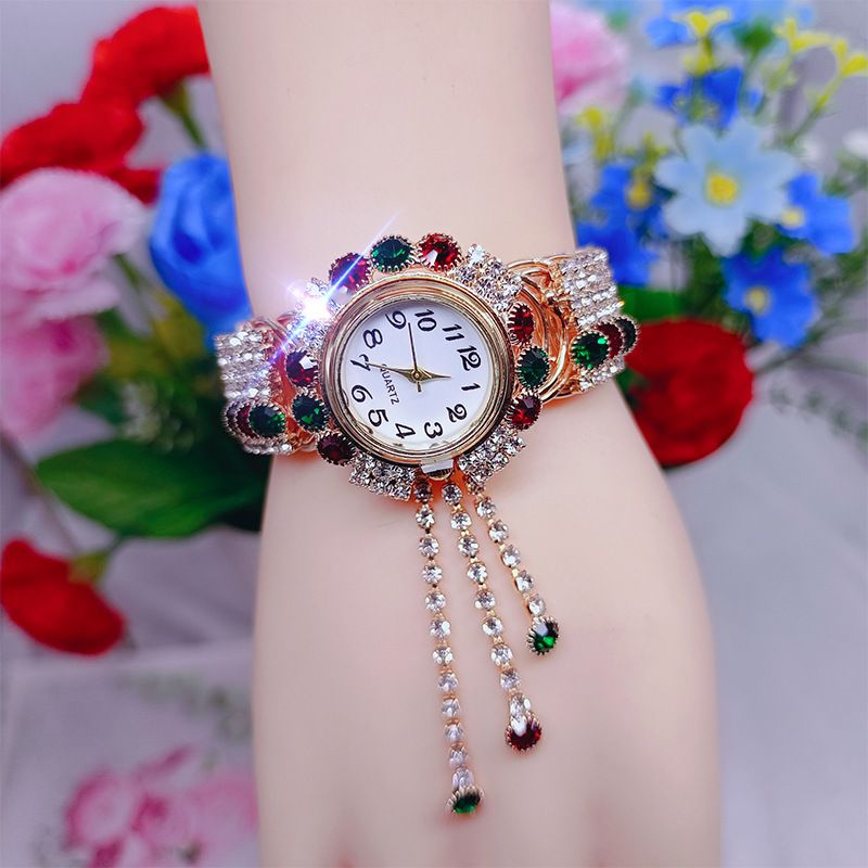 Women's Crystal Tassel Quartz Watch, Colorful Rhinestone Bangle Wristwatch, Sparkling Floral Dial with Dangling Tassels, Elegant Fashion Jewelry for Ladies
