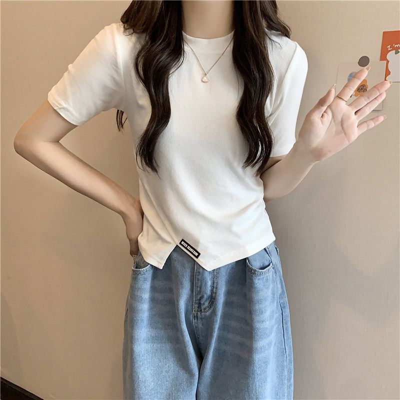 YF6012 Round Neck Design Regular Short Sleeve T-shirt Cotton Short Top Women's Slim Label Casual Knitted T-shirt
