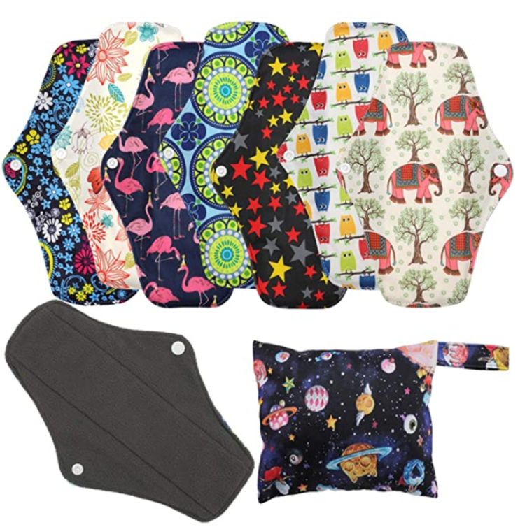 Reusable Sanitary Pads, Cloth Menstrual Pads Washable Period Pads with Charcoal Bamboo Absorbency Layers, Fit for Heavy Flow(Randomly Pattern)