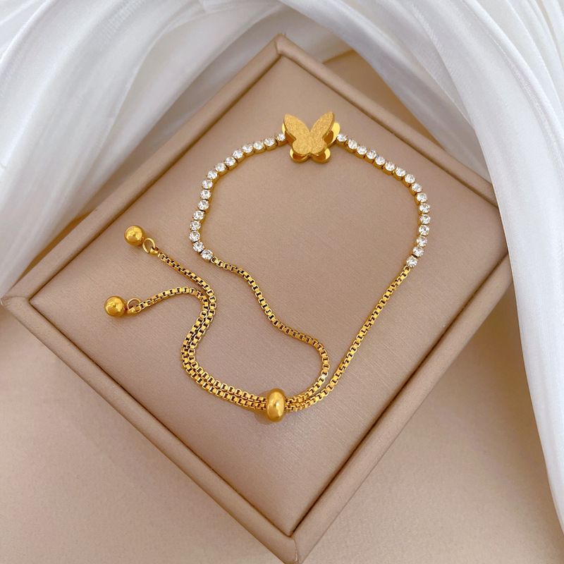 Gold Plated Titanium Steel Sliding Adjustable Pull Chain Bracelet For Women, Matte Textured Butterfly Charm Full Pave Round Zircon Tennis Wrist Chain, Ins Viral Vintage Dainty Daily Dating Best Friend Matching Fashion Hand Jewelry, Anti-Tarnish Waterproof Skin Friendly
