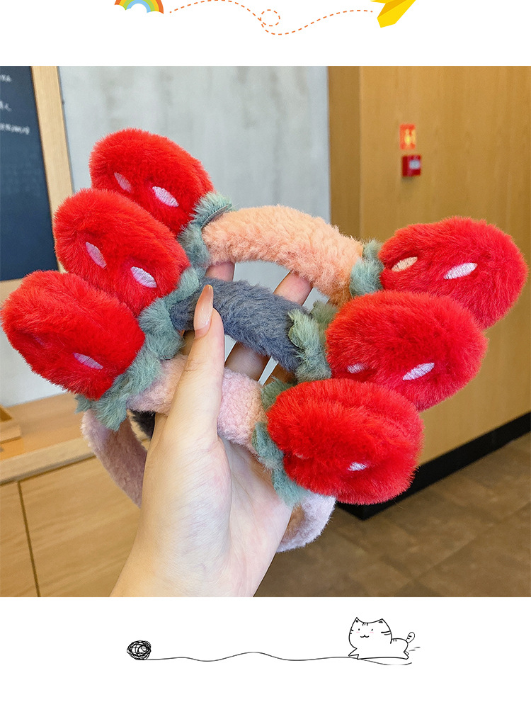 FG6 Autumn Winter Furry Hair Band Cute Strawberry Face Wash Makeup Spa Shower Hairband For Children Girls Headband Hair Accessories
