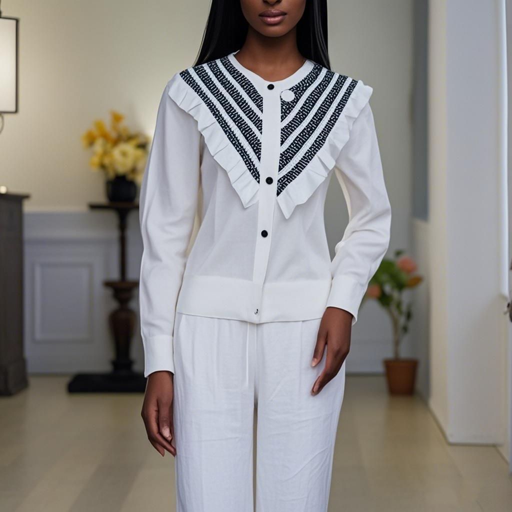 Wool Round-Neck Black and White Interwoven Long-Sleeve Lightweight Button-Up Women's Inner Top