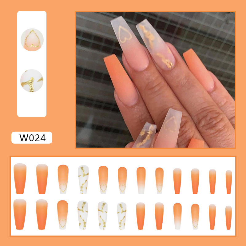 24Pcs/Box Orange Detachable European Fake Nails  Gradient Art Long Square Head  False Nails Tips