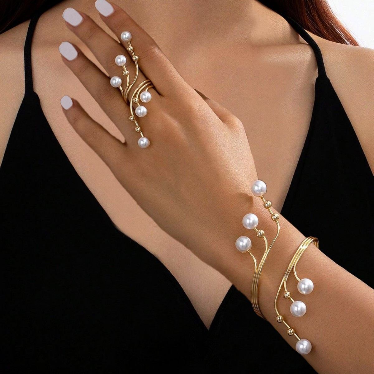 Minimalist Geometric Pearl Wrap Jewelry Set, Gold-Tone Cuff Bangle + Connected Finger Ring, Adjustable Arm Cuff with Rhinestone Accents, Elegant Statement Pieces for Women
