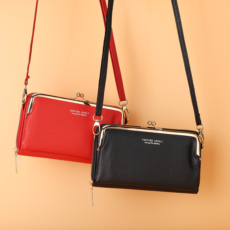 927 Women's New Long Hand-Held Double-Layer Mobile Phone Bag Clip Lock Zipper One-Shoulder Cross-Body Bag