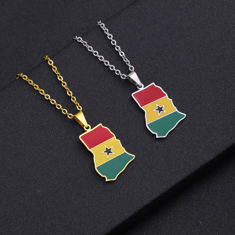 Africa Ghana Map Pendant Stainless Steel Necklace Dripping Oil Map Geometric Ethnic Style Jewelry