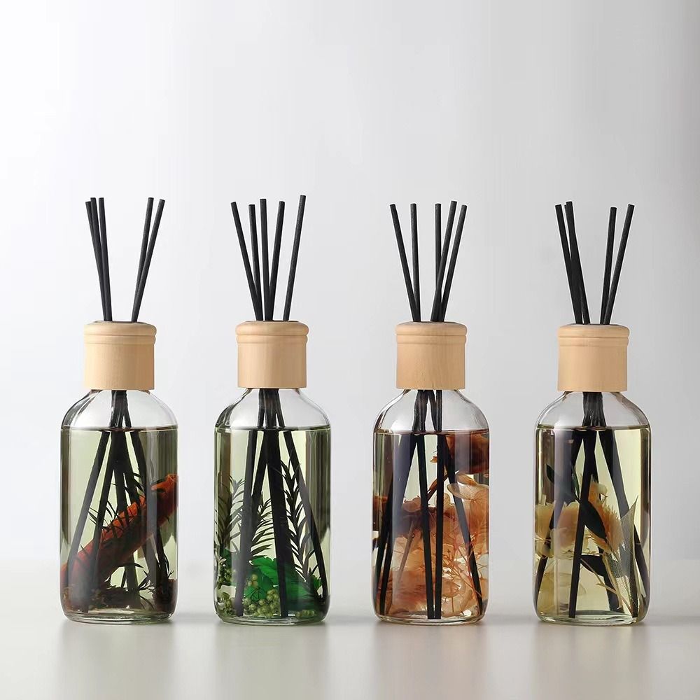 358 Air Freshener 250ml Wood Lid Rattan Stick Glass Bottles Reed Diffuser with Dry Flowers