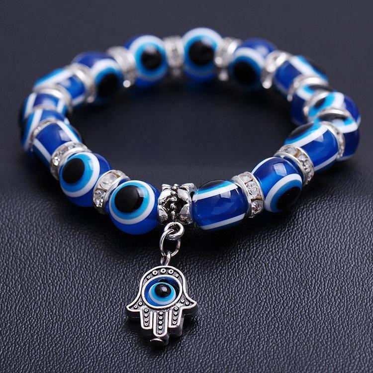 Huadeer Evil Eye Beaded Charm Bracelets Blue Eye Bead Hamsa Stretch Bracelet Hand of Fatima Turkish Lucky Bracelet for Women Men for Protection and Blessing