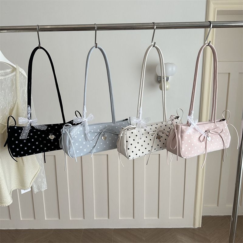 Women's Cute Polka Dot Underarm Bag, 31x13cm Lace Bow Shoulder Purse, Korean Style Casual Baguette Handbag for Daily & Streetwear
