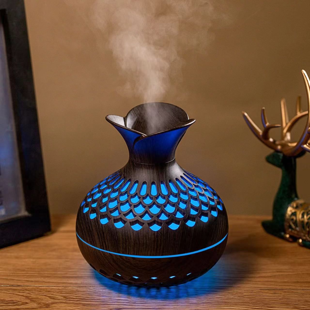 Mini USB Ultrasonic Humidifier, Creative Wood Grain Flower Aroma Diffuser, Ultra Quiet Desktop Cool Mist Humidifier with Auto Shutoff & Color LED Night Light, Portable Air Freshener for Home Office Bedroom Dorm