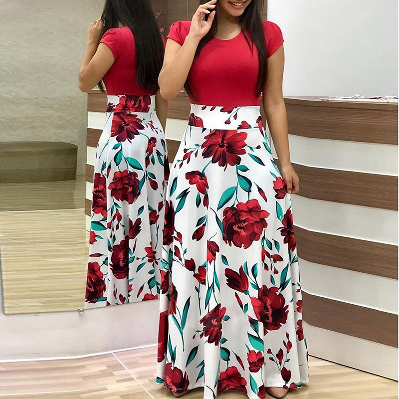 Ladies Dress one-piece Printed skirt longuette Slim Milk Silk Dress Elastic Short Sleeves Women's Clothes