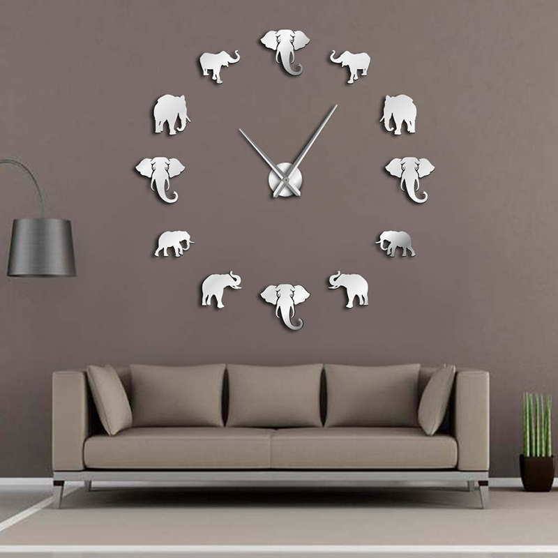 Jungle Animals Elephant DIY Large Wall Clock Home Decor Modern Design Mirror Effect Giant Frameless Elephants DIY Clock Wall Watch 