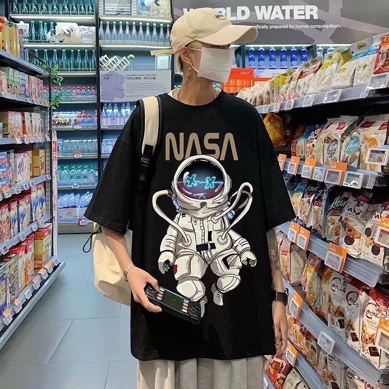 Men's NASA Letter & Spaceman Print Drop Shoulder Crew Neck Loose Short Sleeve Tee T-shirt 