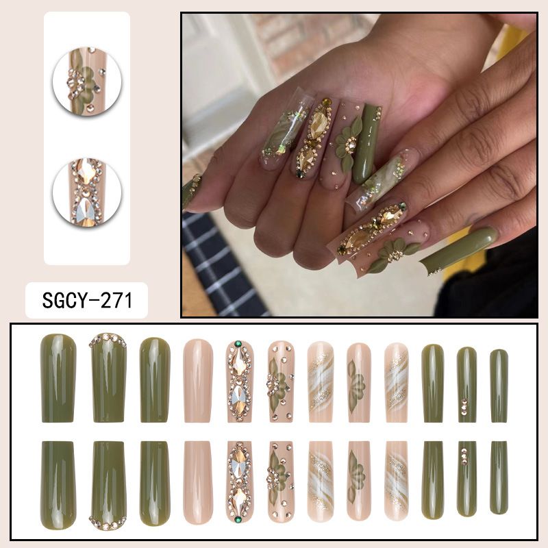 Wear Nail Green Flower Wear Diamond Glitter Powder Manicure Patch Mid-Length Removable Jelly Glue