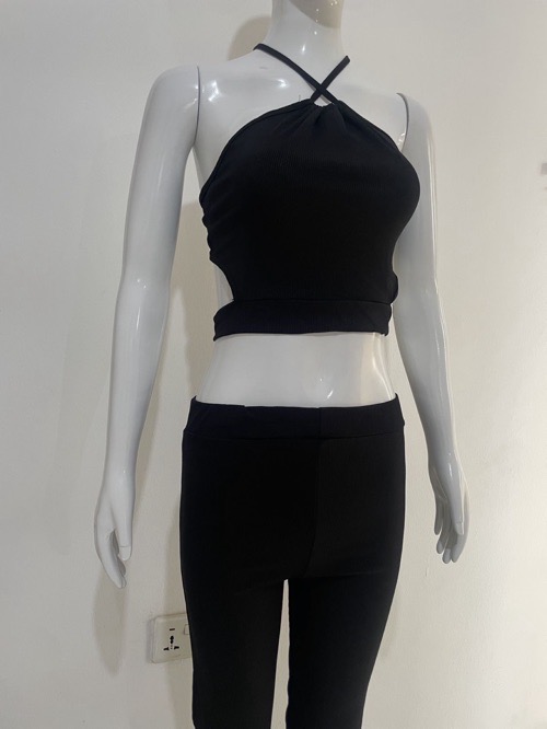 Suspenders pleated slim fit two-piece set Spice girl pleated suspenders, slacks set solid color knitted split top + bootcut slim turned-up trousers