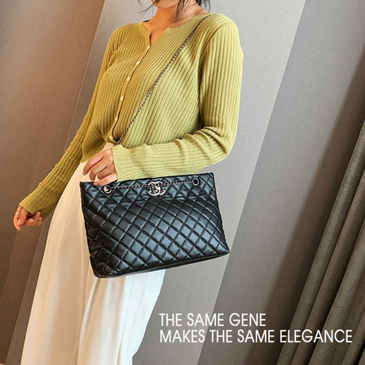 CHG-Ladies bags Tote bags Metal chain women's bags Lady single shoulder bags &amp; Zipper handbag (large zipper bag) (Black / Silver)