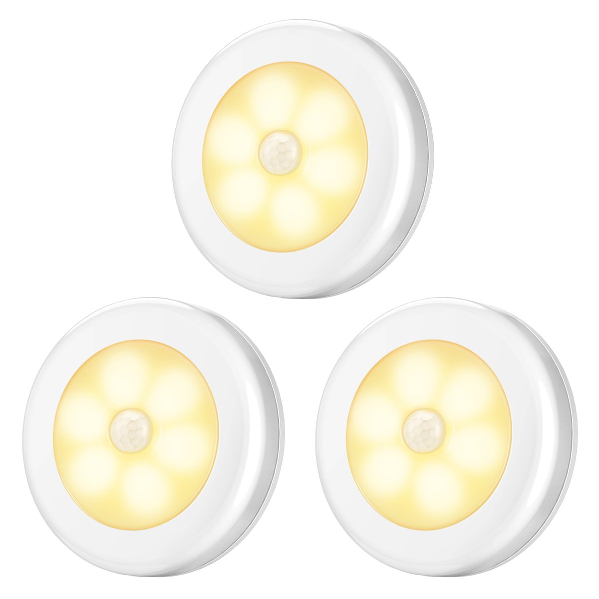 Motion Sensor Light, Cordless Battery-Powered LED Night Light, Stick-anywhere Closet Lights Stair Lights, Safe Lights for Hallway, Bathroom, Bedroom, Kitchen, etc. (White/Warm White - Pack of 3)