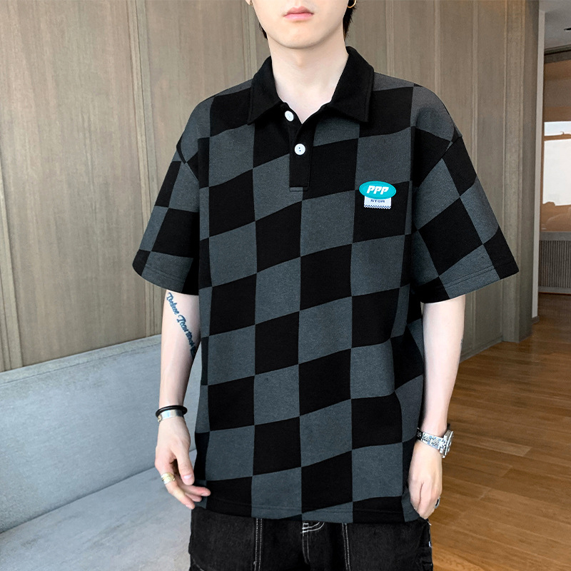 QPG Men's Fashion Loose Checkerboard Print Polo Shirt Lapel Short Sleeve T-shirt