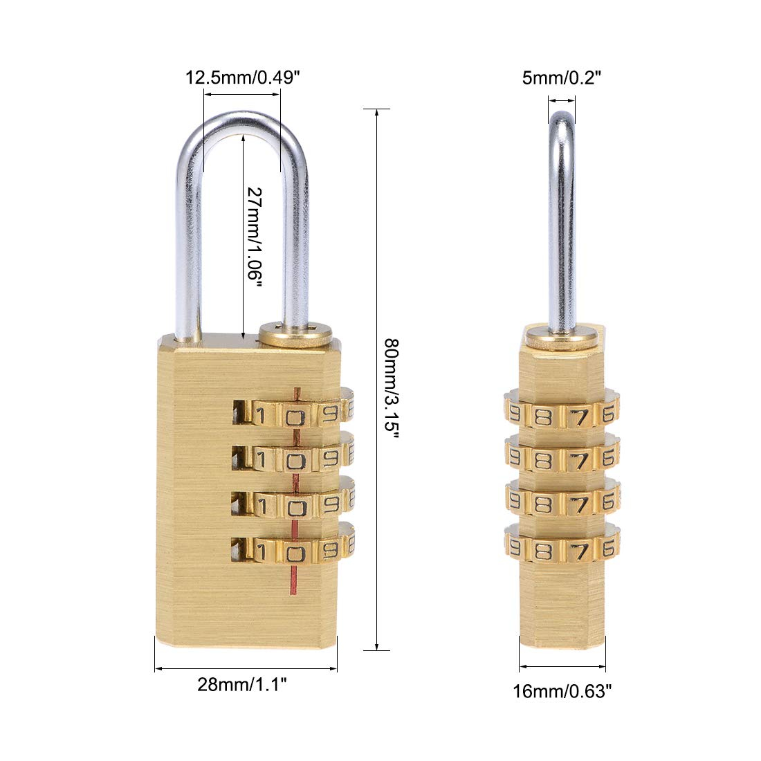 4 Digit Combination Padlock, 5mm Shackle 28mm Body Width, Brass Lock Weatherproof Fence Gate Gym Locker Lock for Travel Outdoor
