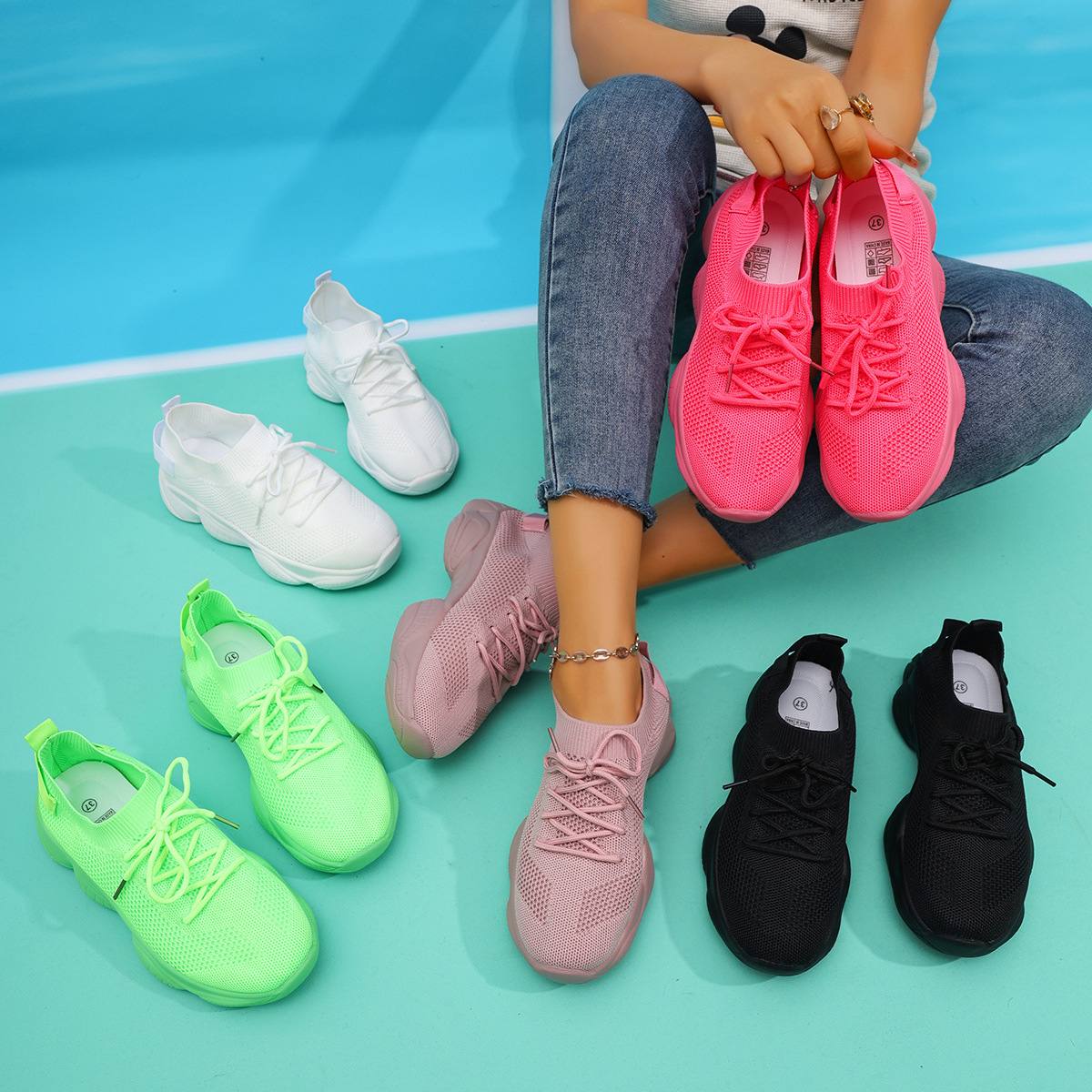 New large size women's shoes cloth shoes flat casual sports shoes single shoes lace up flying woven solid color single shoes women 24120207