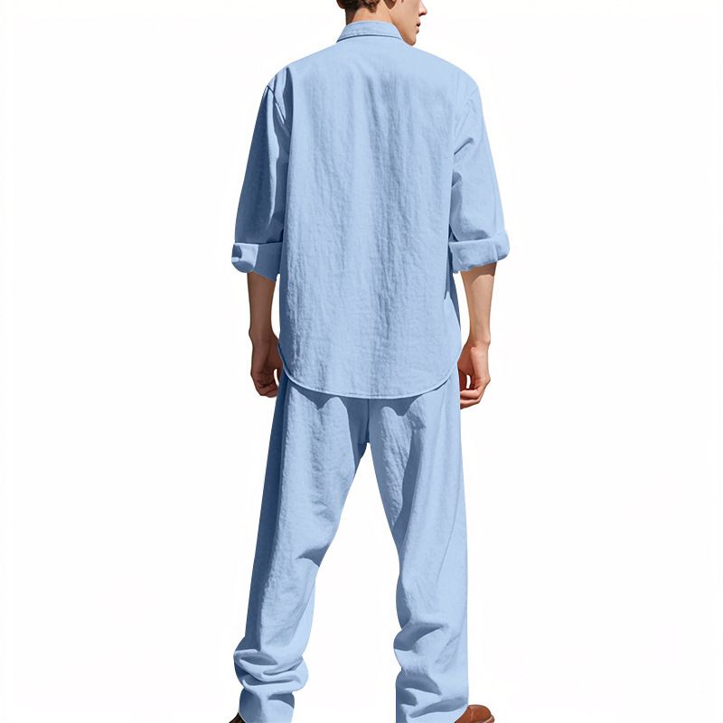 Men's Clothing Sets Two-Piece Outfits Flax Men's Casual Loose Breathable Long Sleeve Long Pants Shirt Beach Set