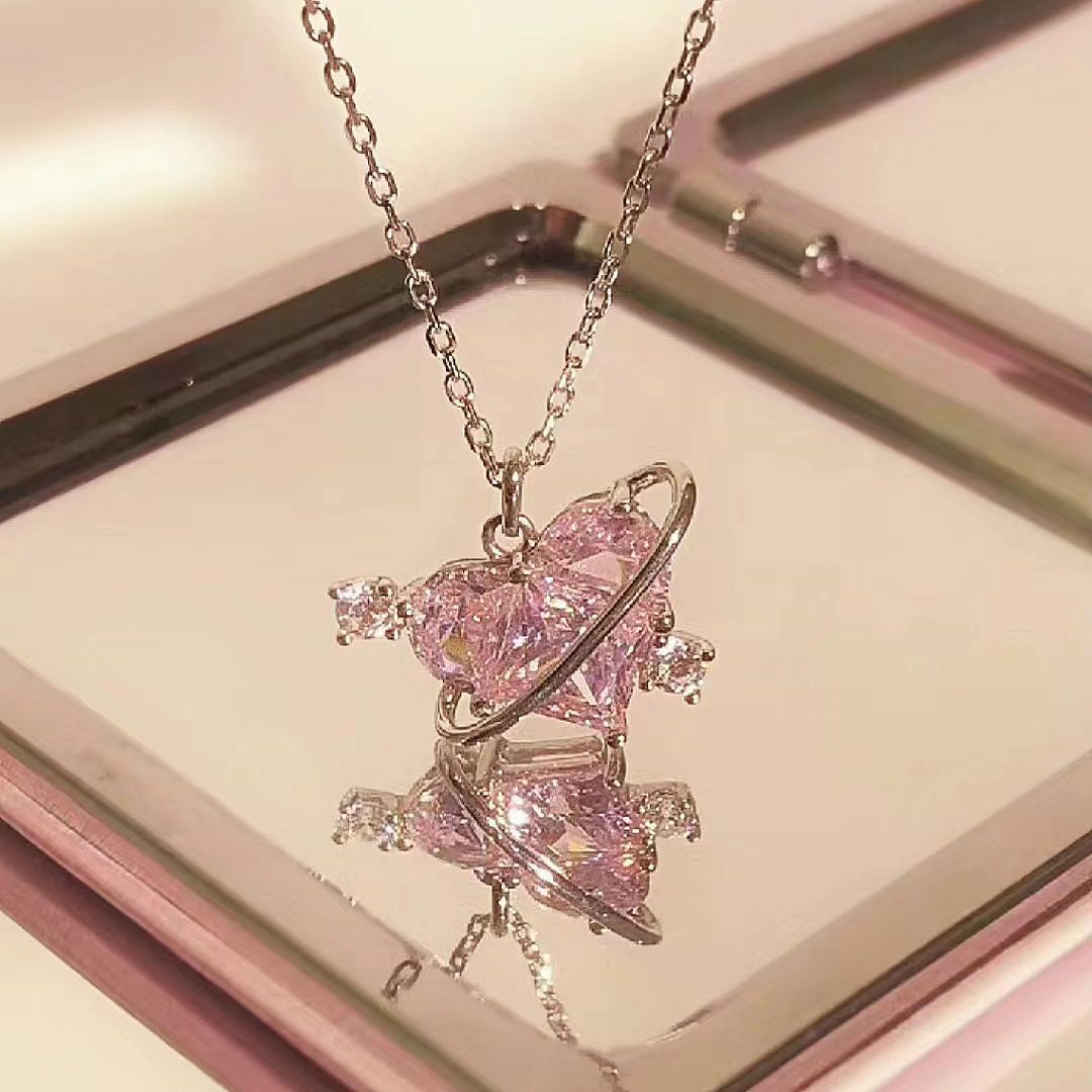 X1 Women Pink Zircon Heart Necklace Planet Clavicle Chain Jewelry Party Gift