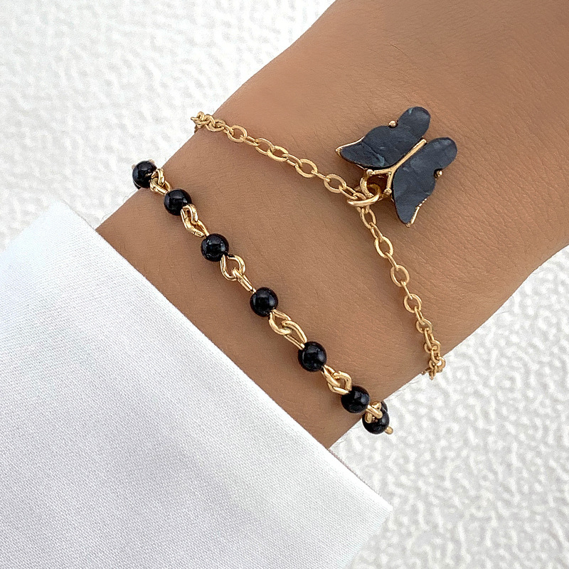 24709 Women's Versatile Simple Dark Double Layer Butterfly Pendant Bracelet