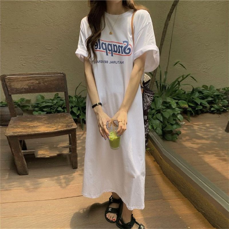 YF6037 Street-wear Casual Wear Ladies Dress Slit Summer Trend Graphic t Shirts Stylish Maxi Dress For Women
