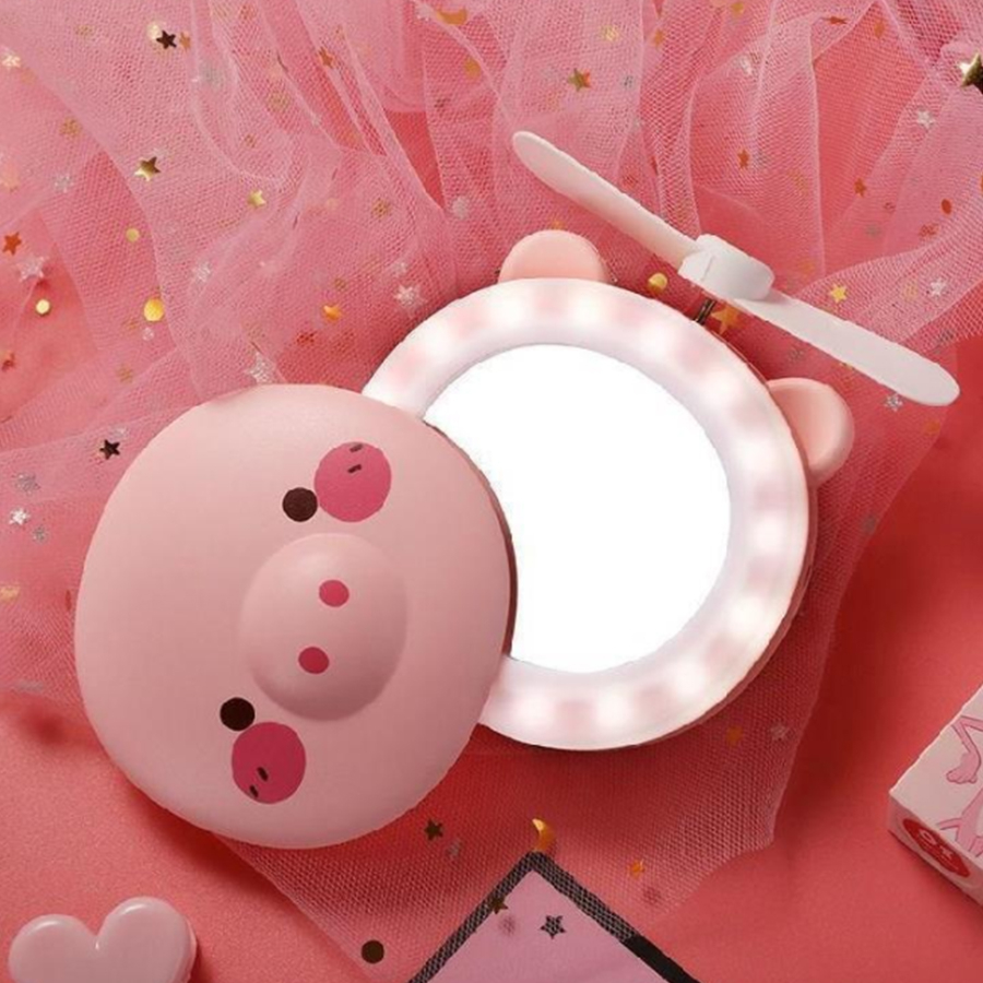 Pink Cartoon Pig Makeup Mirror Portable Rechargeable Led Light Makeup mirror Mini Fill Light Mirror Fan Mirror