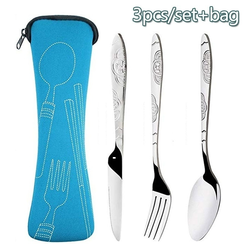 3pcs Set Dinnerware Portable Stainless Steel Spoon Fork Knife Set Travel Cutlery Tableware with Bag