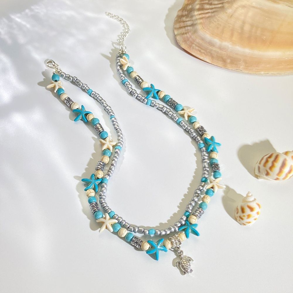 New Bohemian Sea Turtle Pendant Starfish Necklace Ins Retro Multi layer Stacked Beaded Women's Clavicle Chainturtle style
