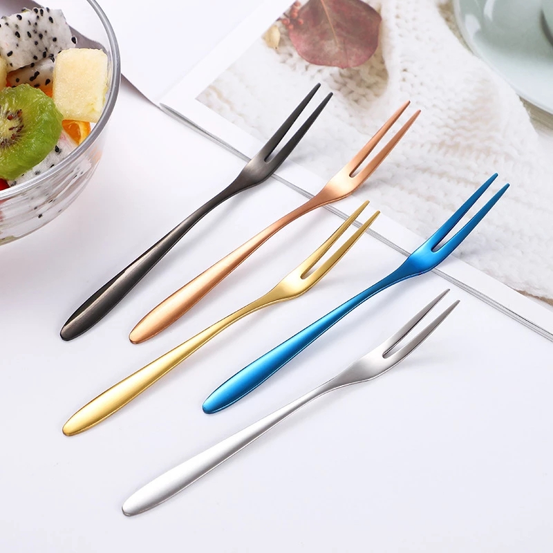  6 pcs Stainless Steel Two-tine Fork Fruit Fork set Tableware Multiple Use Snack Cake Dessert Forks Cafeteria Home Flatware