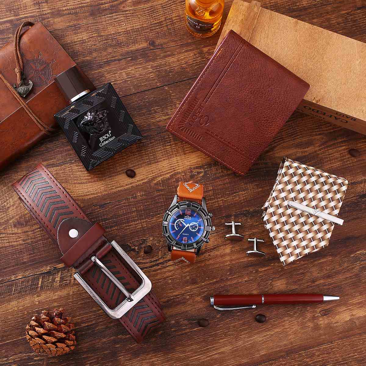 Men Vintage Style Quartz Wrist Watch Gift Set All-in-one Accessories Kit Including Belt Wallet Necktie Perfume Cufflinks Writing Pen Luxury Present for Wedding Business Birthday Gift for Gentlemen