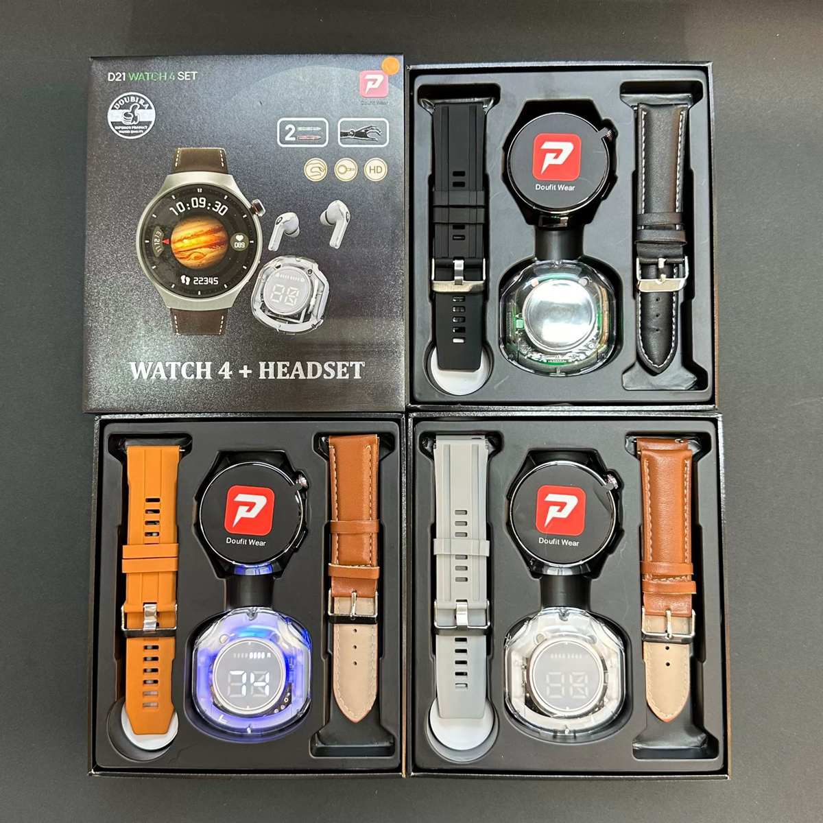 Cross-border hot-selling D21 Watch4 smart watch Bluetooth call double strap + earphone set multi-function watch
