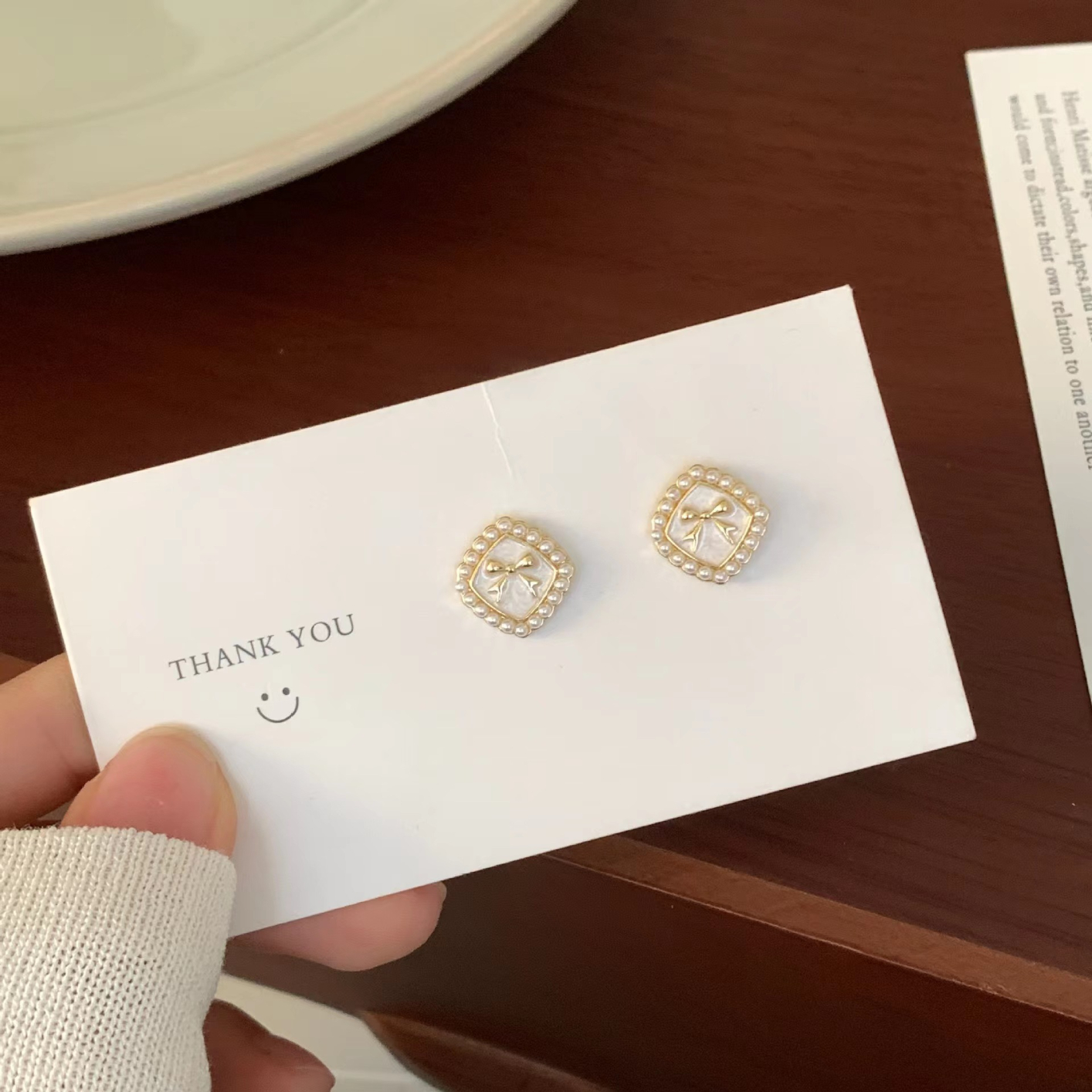 H211 Women Simple Bow Pearl Square Stud Earrings Jewelry Gift