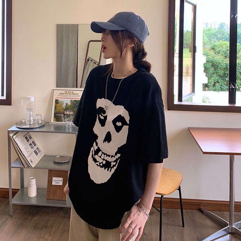 293# Women's Summer Skull Print T-Shirt Loose Crew Neck Top