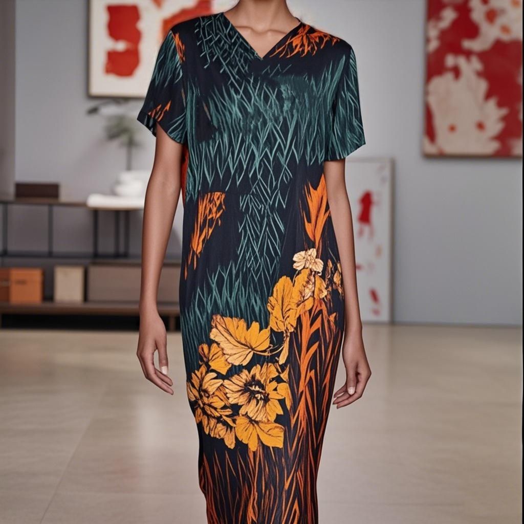 92% Silk Round Neck Printed Women's Dress
