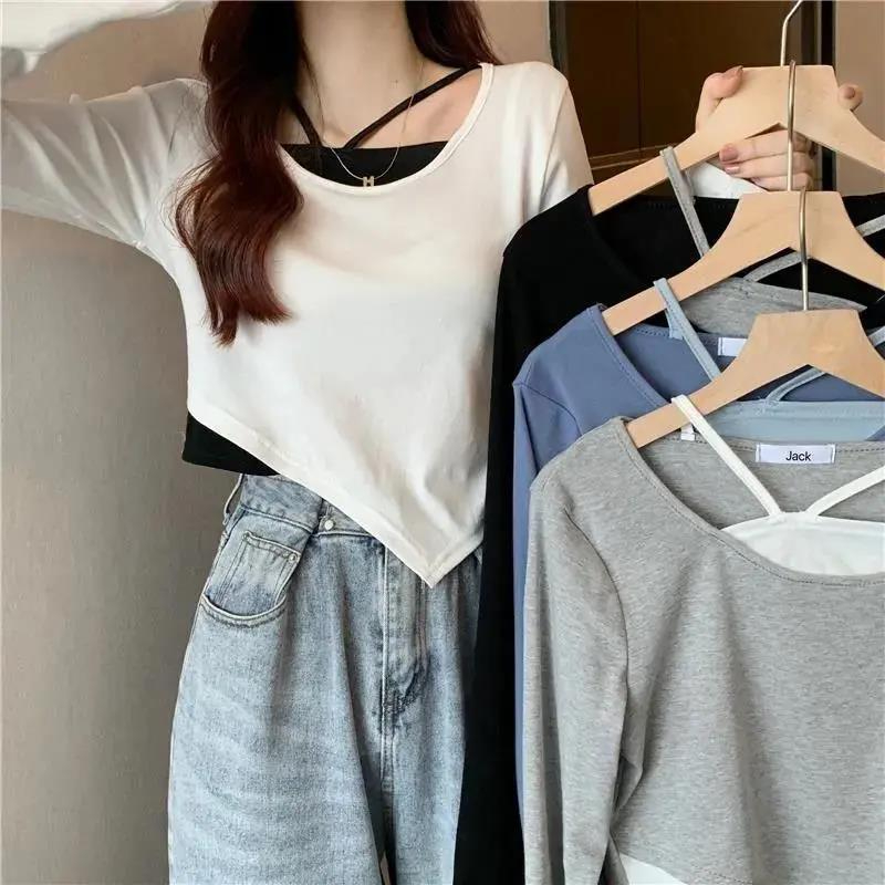 Women's Spring and Autumn Irregular Fake Two Piece Splice T-Shirt Niche Long Sleeve Hollow Top