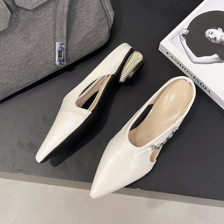 High-heeled women 2025 summer new pointy half bag thick heel sandals female bag head low heel shallow mouth all build slippers