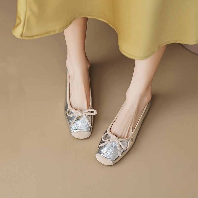 New Color Block Bow Ballet Shoes Women Square Toe Shallow Mouth Comfort Soft Sole Casual Loafers
