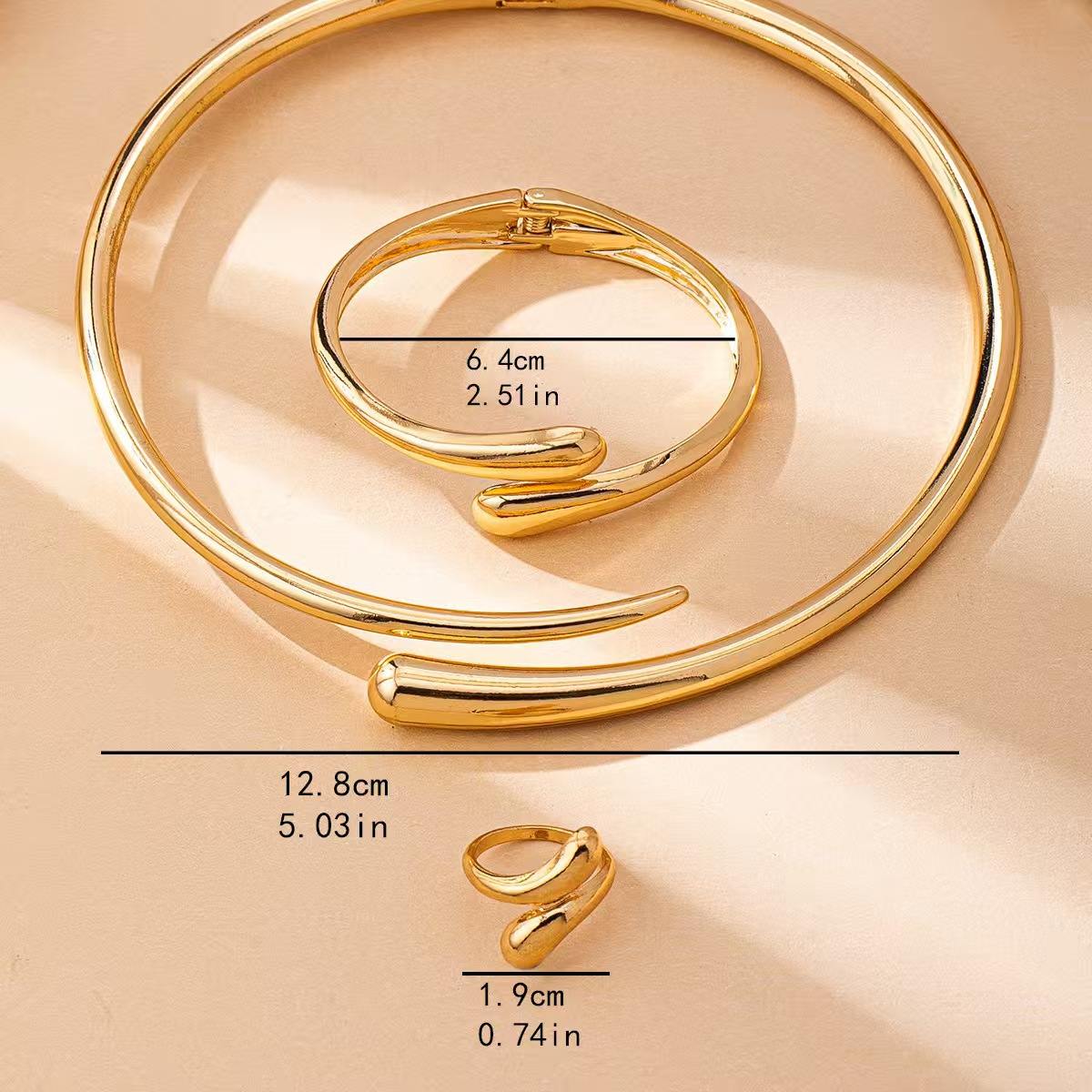 3Pcs Minimalist Gold Jewelry Set, Open Cuff Choker Necklace, Bangle Bracelet & Ring, Teardrop Design Statement Jewelry for Women
