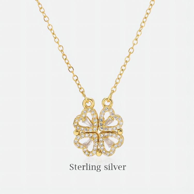 Huadeer Sterling Silver 4 in 1 Magnetic Hearts Clover Necklace - Cute Lucky Heart Pendant Necklace For Women And Girls 2 Ways Of Wearing