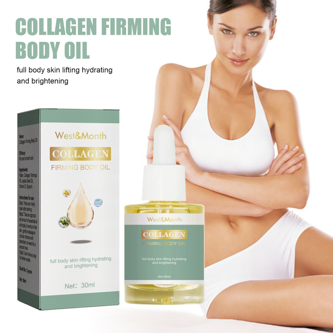 West&Month Collagen Firming Body Oil Slimming Tightening Breast Buttock Shaping Anti Cellulite Repair Belly Slim Down Massage Care Oil