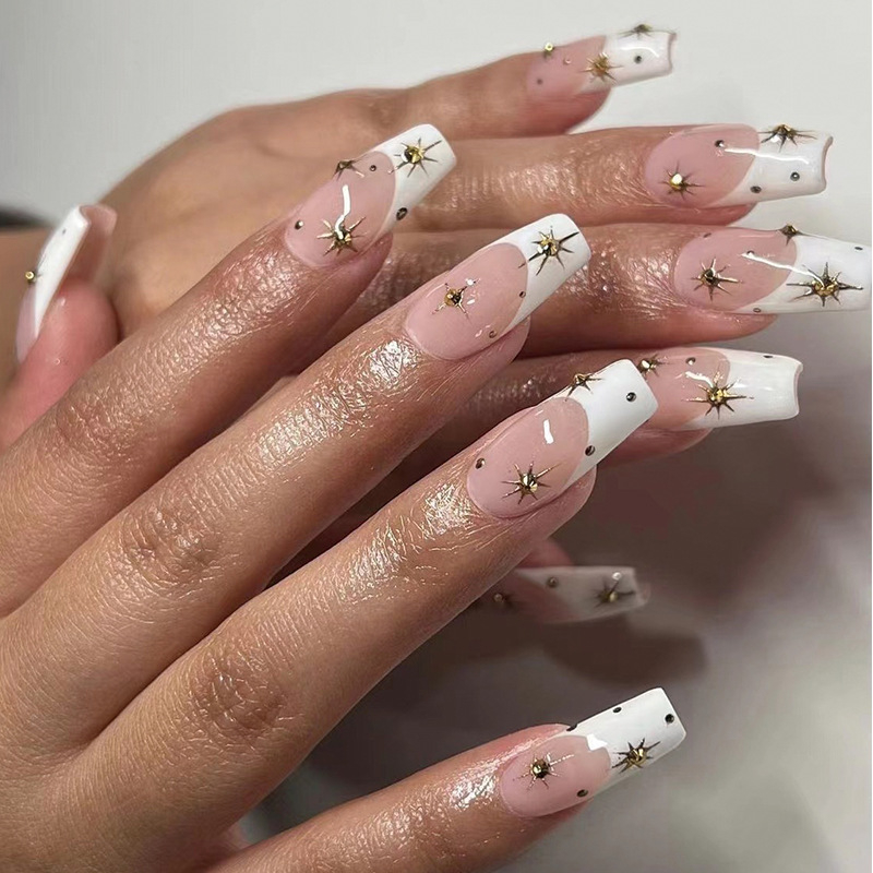 JP1740 24 Pcs Glossy Press on Nails, Medium Coffin French Rhinestone Decors Star Prints Fake Nails, Acrylics Full Cover False Nails for Women and Girls

